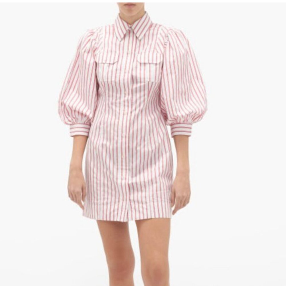 GANNI Balloon-sleeve Striped Cotton-oplin Mini Dress In Red White, Size 40/8 US